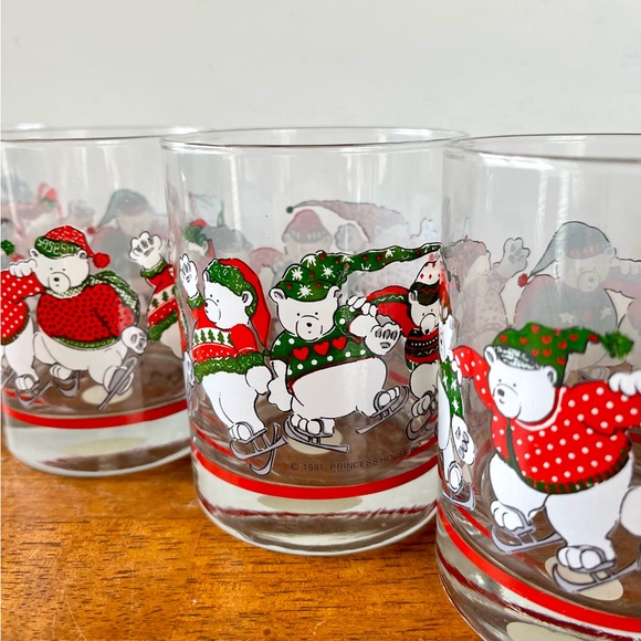 1991 Princess House Skating Polar Bears Lowball Glasses Set of 4 - Picture 7 of 12